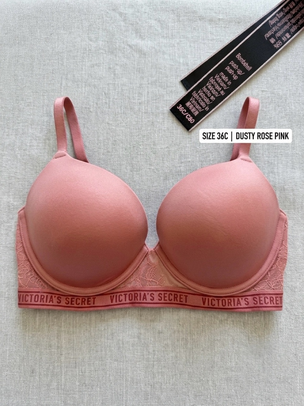 Victoria's Secret Bombshell 36C Pink Bombshell Push Up Bra w lace logo band